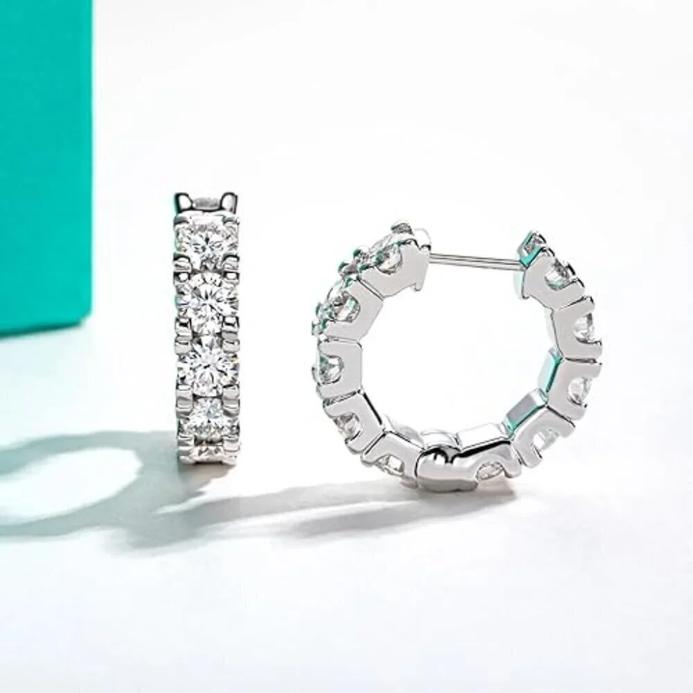 Certified 14K White Gold Huggie Hoop Earrings 6CT Moissanite Diamond S925 Gift